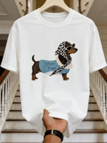 Camisa de manga corta de cuello redondo suave y casual de verano para hombre,Estampado gráfico de perro salchicha elegante para uso diario.Negro - Blanco - Ver 5