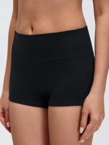 Shorts ajustados de cintura alta para mujer, costuras simples - Negro - Ver 3