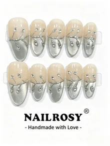nailrosy 10pcs Handmade Press-On Nails, Nude Silver Cat Eye French Tip, 3D Vine Rhinestone, Almond Shape Nail Art Set - Silver - View 2