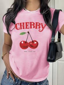 Attractive CHERRY Style Round Neck T-Shirt To Shine. - 粉色 - 查看 1