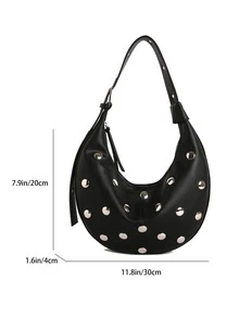 Rivet Crescent Underarm Bag, Adjustable Shoulder Strap Design, Shoulder & Crossbody Dual Use, Versatile Small Bag For Daily Commute And Dating - Black - View 2