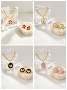Women's Fashion Necklace And Earring Set, 304 Stainless Steel Gold-Plated Enamel Necklace Earring Set, Summer Style Accessories, Hypoallergenic And Fade-Resistant, Minimalist Elegant Versatile, Perfect For Commuting, Dating, Party, Easily Upgrade Your Outfit, Ideal Birthday Gift - Multicolor - View 1
