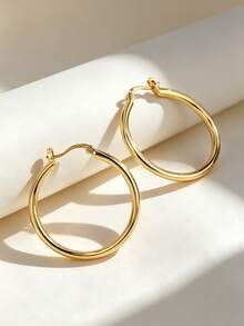 Charm-In 女款 18K 金鍍輕量圓環耳環，優雅黃銅圓環，適合派對與疊戴穿搭 - 金色 - 查看 1