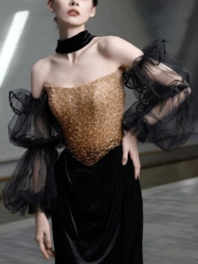 1 Pair Fashion Black Tulle Sleeve Covers, Personalized Oversized Lantern Sleeves, Dress Accessories Fake Sleeves, Suitable For Party, Ball, Evening Banquet, Celebration - Black - View 6