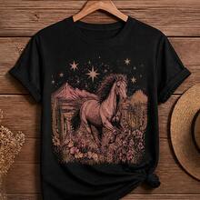 Women's T-Shirt With Floral Horse Print, Short Sleeve T-Shirt, Casual Round Neck Blouse, Soft Cotton For Everyday Wear, Ranch And Walking - 黑色 - 查看 4