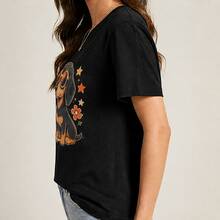 Women's T-Shirt With Dachshund Print, Short-Sleeved Printed T-Shirt, Casual Cotton Round Neck Blouse, Comfortable For Everyday Wear And As A Gift - 黑色 - 查看 2
