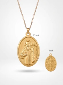 1PC 18K Gold Plated St. Benedict Medal Stainless Steel Necklace, Religious Protection Pendant Coin Jewelry Gift, Vintage Catholic Patron Saint Jewelry Gift - Gold - View 5