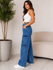 Women's Wide Leg Cargo Jeans With 4 Pockets, High Waist, Casual Fashion, New Arrivals - 中等水洗藍 - 查看 2