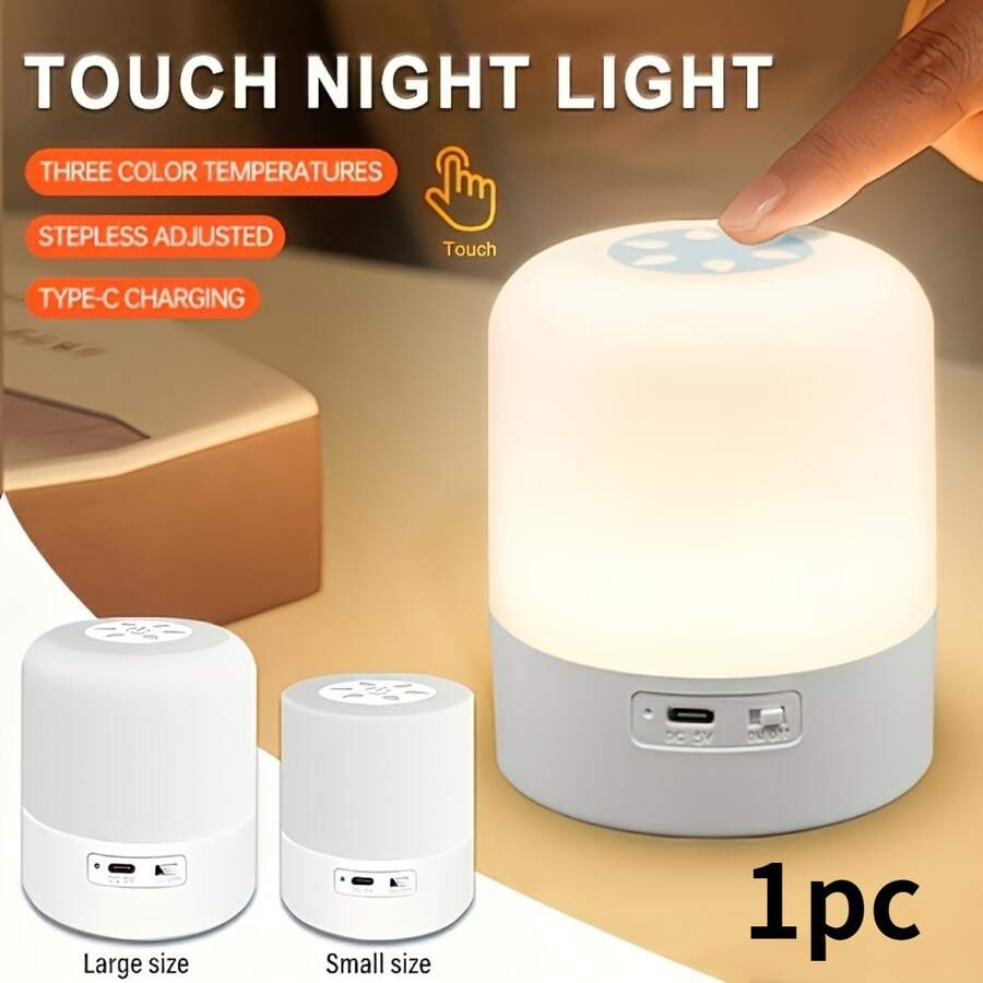 1 pieza Luz nocturna LED regulable con control táctil - Recargable por USB 800mAh batería de litio, lámpara de mesita de noche ajustable a 3 colores (con pantalla de plástico), iluminación suave y sin parpadeo para el hogar, ≤36V