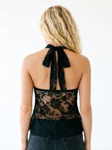 Women Sheer Lace Tank Tops Summer Halter Neck Sleeveless Tie Front Keyhole Cutout Chest Lace Floral Vest for Daily Vacation - Negro - Ver 6