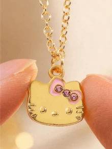 Miniso Hello Kitty 金色吊墜項鍊配粉色水鑽蝴蝶結，輕巧舒適，女性日常派對禮物 - 樣式1 - 查看 2