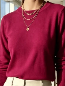 WOMEN'S LONG SLEEVE KNITTING BLOUSE WINTER BASIC ROUND NECK SWEATSHIRT - fucsic - 查看 1