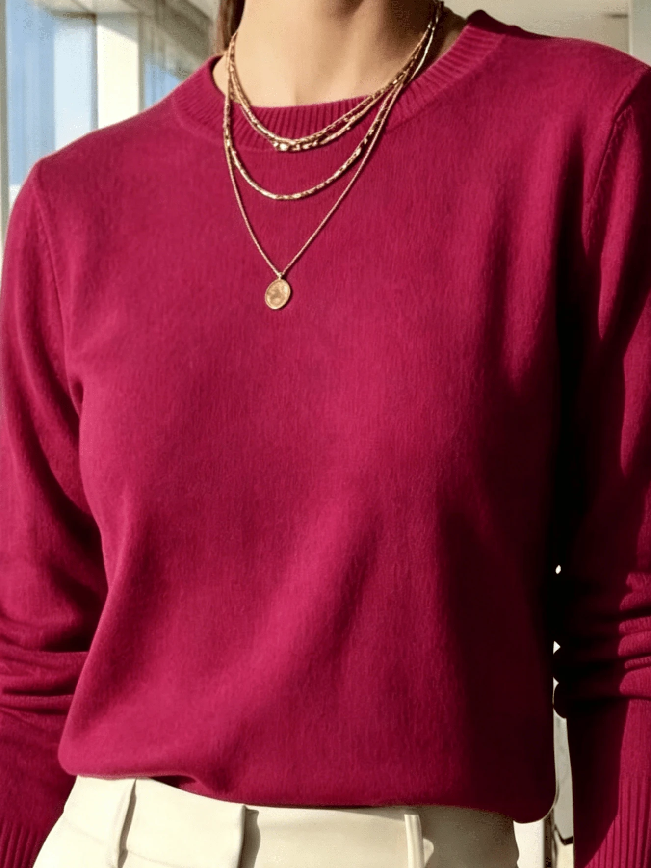 WOMEN'S LONG SLEEVE KNITTING BLOUSE WINTER BASIC ROUND NECK SWEATSHIRT - fucsic - 查看 1