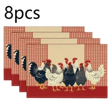 Multi-Pack Farm Chicken Placemats In 2 Styles: Red Checkered & Linen Embroidered. 100% Polyester, Non-Slip, Heat-Resistant, Easy To Clean. Ideal For Farmhouse Kitchens, Meals And Gatherings. - Multicolor - View 10
