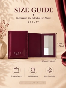 Gucci 古馳紅酒色折疊鏡，亮面酒紅皮質外殼搭配品牌標識，精緻縫線工藝盡顯質感；超薄折疊設計輕盈便攜，鏡面高清清晰，輕鬆滿足日常補妝、整理妝容的需求，復古優雅的設計兼具實用性與高級感，自用或作為伴手禮都很合適。 - 酒紅色 - 查看 4