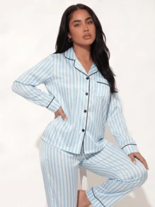 Snug League 2pcs/Set Women Blue Striped Long Sleeve Pajama Set - Blue - View 2