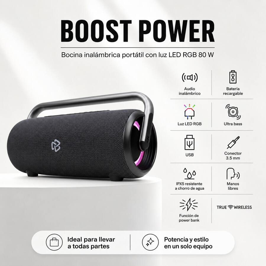 STF Boost Power Speaker Portable Design RGB Lighting 80W Power IPX5 Splash Resistant Ultra Bass True Wireless Function Wireless Charger Rechargeable Battery - Black - View 1
