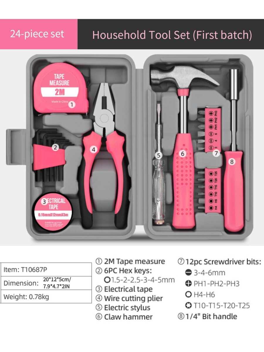 24-In-1 Multi-Function Home DIY Repair Tool Set, Includes Claw Hammer, Tape Measure, Wrench, Voltage Tester, Screwdriver Bits, Pliers And Hardware Tool Box - High-Quality Carbon Steel Hand Tool Set, Home Repair Tool Set, Multiple Combinations For More Convenient Use, Portable Box Storage - Suitable For DIY Projects Home Tool Set, Complete Tools, Wide Application
