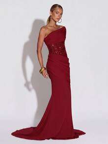 Shiny Patchwork Elegant Party Ruffle Asymmetrical Shoulder Dress, Suitable For Evening Date, Formal Dinner - Red - View 3