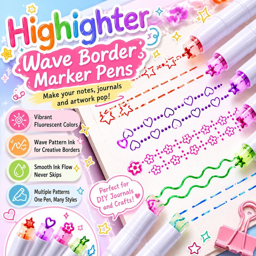 Fluorescent Wavy Ink Border Pens, Suitable For DIY Projects And Curved Marking, Versatile Use For School And Office, Random Colors, Back To School Creative Patterns, Party, Birthday Gift, Reward, New Year Gift