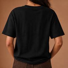 Playera mujer flores retro, camiseta estampada manga corta, blusa casual de algodón, cuello redondo para primavera, verano, festival y diario - Negro - Ver 3