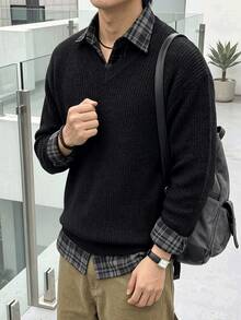 Vaulklash Unisex Men's Korean Style Lazy Versatile Casual Loose Fit Pullover Knit Sweater - Black - View 4