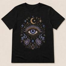 Playera para mujer ojo místico, camiseta estampada manga corta, blusa casual cuello redondo, algodón suave para festival, diario y regalo - Negro - Ver 4