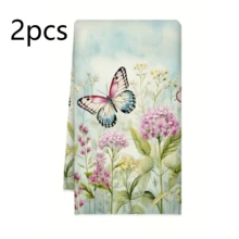 2 Packs Floral Kitchen Towels: Lavender & Butterfly Designs. Absorbent, Quick-Dry, Lint-Free Polyester Microfiber, Machine Washable. Perfect For Cleaning, Drying Dishes & Vintage Garden Decor. - Multicolor - View 14