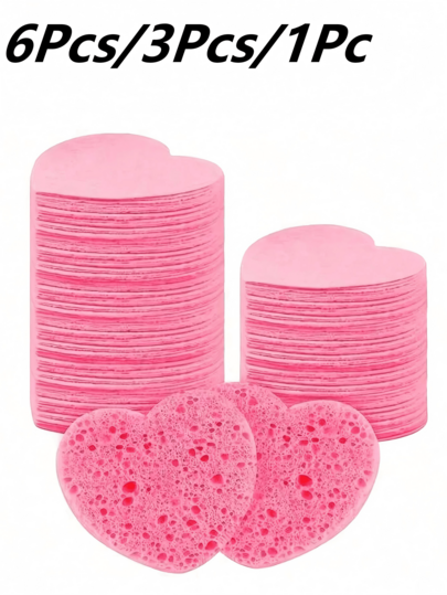Ensemble de 1/3/6 éponges faciales compressées en forme de cœur, ultra-douces, exfoliantes et démaquillantes pour un nettoyage en profondeur, sans parfum, unisexe, essentiel de soin de la peau pour le voyage, tampons de nettoyage facial au design cœur