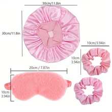 Juego de gorro de satén rosa para dormir, antifaz de felpa suave & lazos para el cabello, kit de accesorios de cuidado del cabello nocturno para mujeres - Multicolor - Ver 3