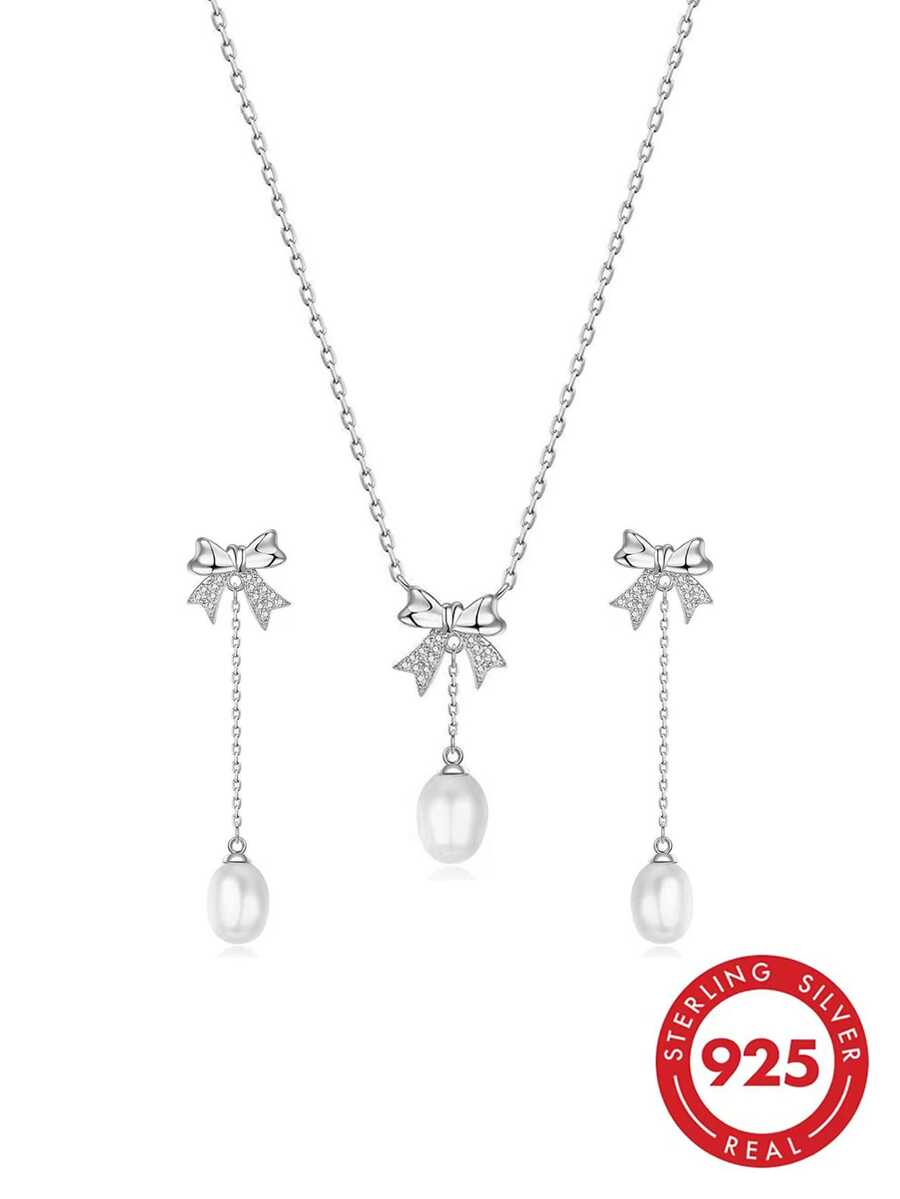 1 Bộ trang sức nơ bạc Sterling S925 sang trọng đính ngọc trai nuôi cấy và đá Cubic Zirconia, quà tặng trang sức thanh lịch cho ngày lễ tình nhân, tiệc tùng, trang phục hàng ngày, kèm hộp quà tinh tế