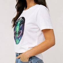 Playera mujer estampado alien y ovni, camiseta femenina manga corta, blusa casual divertida, cuello redondo, juvenil para fiesta, paseo y diario - Blanco - Ver 2