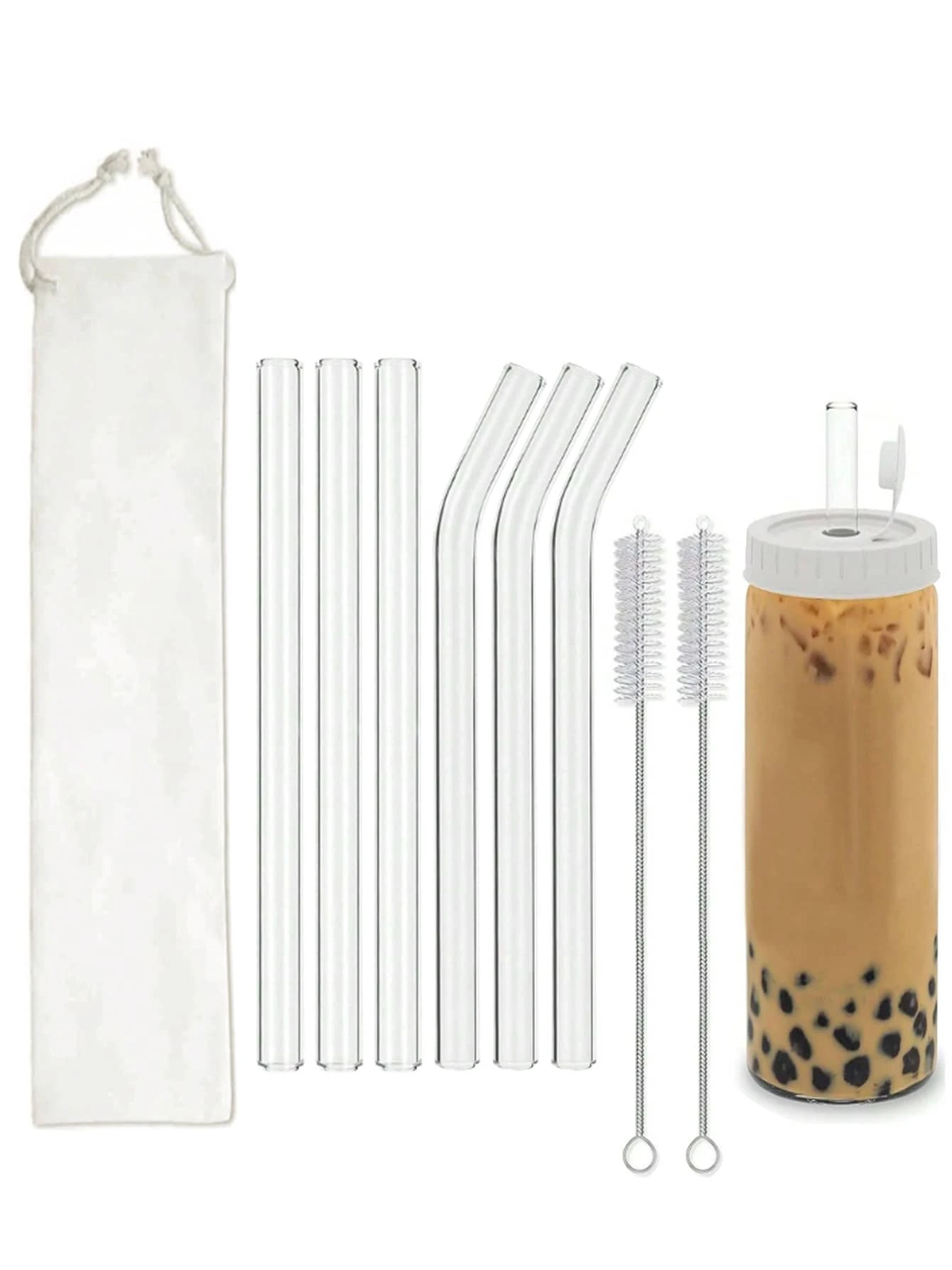 3/5/8pcs Reusable Glass Straws, Approx 7.87 Inches Long X 14mm Wide, Includes Cleaning Brush And Storage Bag, Thick Clear Glass Straws For Smoothies, Milkshakes, Juices, Beverages, Suitable For Home Gatherings, Parties, Weddings,School Supplies - Clear - View 1