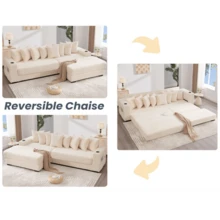 [NEW ARRIVED] [VIDEO PROVIDED] 110.75" Modular L Shaped Sofa Corduroy Fabric Sectional Couch With A Movable Footstool Cup Holders Bring 8 Throw Pillows Side Pocket Unfold Into A Bed Beige - Beige + Upholstered + Wood+Fabric + 4 Seat + Modern1 - View 4