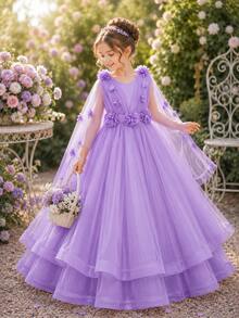 Young Girl Elegant Floral Flower Girl Wedding Dress Princess Tulle Long Gown, Suitable For Formal Occasions, Parties, Anniversaries - Purple - View 3