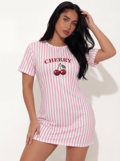 Snug League Women's Cherry Blossom Print Nightgown - Casual Short Sleeve Round Neck Sleepwear With Red Cherry And Sakura Patterns, Lightweight Striped