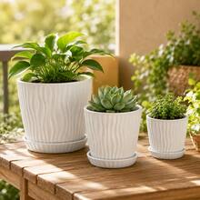 3pcs Simple White Wave Pattern Plastic Flowerpot With Tray Large Medium Small Set Household Living Room Balcony Green Plant Pot Blue Snowflake Lily Bell Orchid Planting Pot Outdoor Garden Ins Style Decorative Flowerpot - Flowerpot - View 4