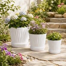 3pcs Simple White Wave Pattern Plastic Flowerpot With Tray Large Medium Small Set Household Living Room Balcony Green Plant Pot Blue Snowflake Lily Bell Orchid Planting Pot Outdoor Garden Ins Style Decorative Flowerpot - Flowerpot - View 5
