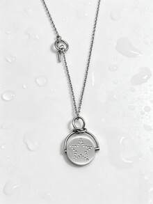 1pc Minimalist Ins Style Stainless Steel Gold Plated Rotating Rhinestone Inlaid Star & Heart Pendant Necklace, Men's Gift For Friends And Family On Holidays - Silver - View 10