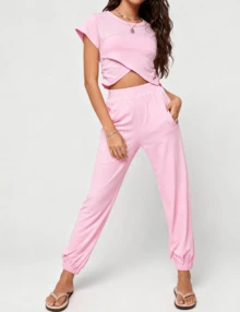 2pcs Cropped Crossover Short Sleeve Top, Elastic Waist Wide Leg Jogger Pants, Casual Sport Set, For Workout, Tennis, Daily Casual, Athleisure Outfits - Hồng - Xem 6
