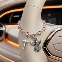 Car Steering Wheel Crystal Chain Hanging Ornament, Silver Angel And Cross Pendant Sparkling Rhinestone Car Interior Accessory - A - View 8