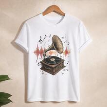 Playera para mujer estampado tocadiscos y música, camiseta dama manga corta, blusa casual cuello redondo, juvenil para concierto, salida y diario - Blanco - Ver 4