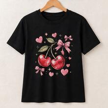Playera mujer cerezas y moños, camiseta estampada manga corta, blusa casual de algodón, cuello redondo para verano, salida, picnic y regalo - Negro - Ver 4