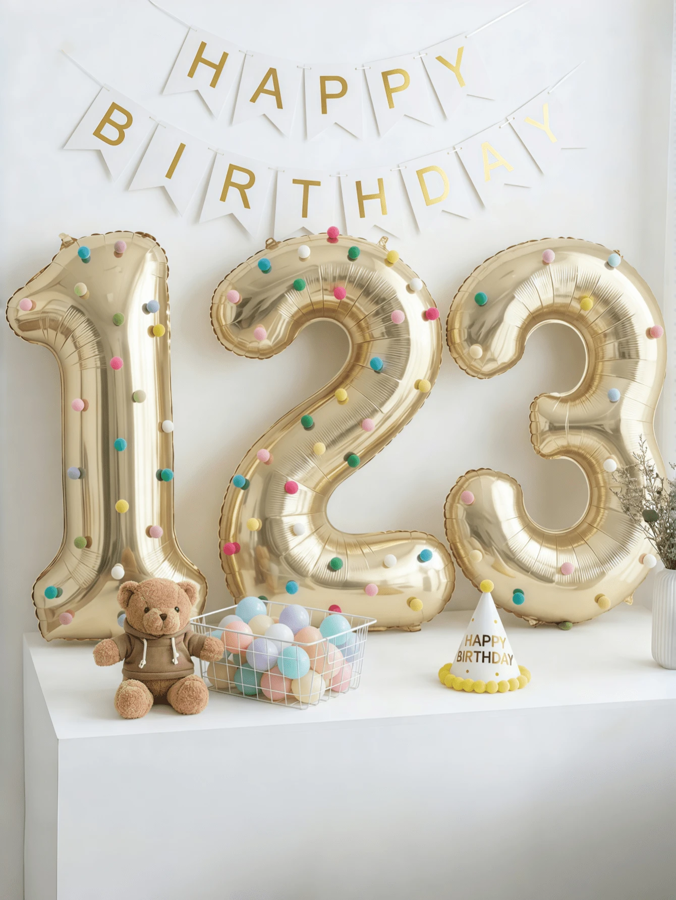 1 Set Large Light Gold Number Foil Balloons With Colorful Plush Balls, Platinum Number Birthday Balloons, Suitable For Birthday Party Decoration, Shower, Gathering (Self-Adhesive Plush Balls, Random Color)