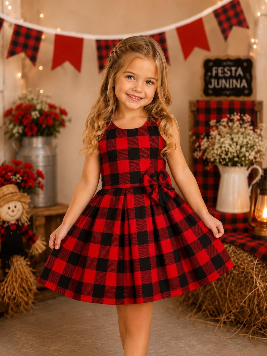Children's Dress For June Party Girl Plaid Print Bow Elegant Classic Round São João Arraiá Country Look Quadrilha Themed Party Country June Photo Shoot Elegant Sophisticated - Đỏ - Xem 1