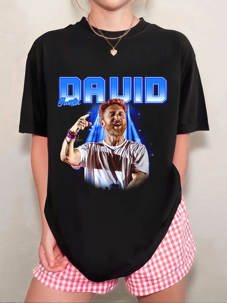 Unisex David Guetta Portrait T-Shirt With Neon Lettering, Electro Style - Black - View 1