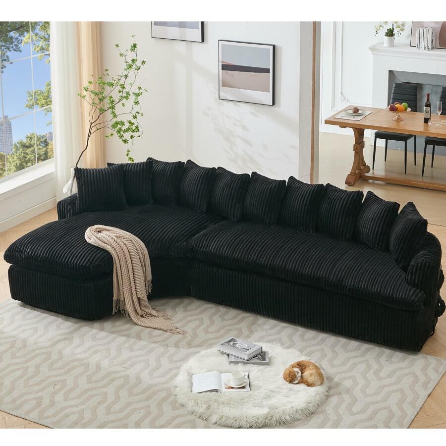 [NEW ARRIVED] [VIDEO PROVIDED] 127'' Large Sectional Sofa Elegant Curved Design High-Resilience Foam Ten Back Cushions L-Shape Left Sofa No Assembly Required Black -Soft Corduroy Fabric - Black + Polyester + Upholstered + Foam + 4 Seat1 - View 1