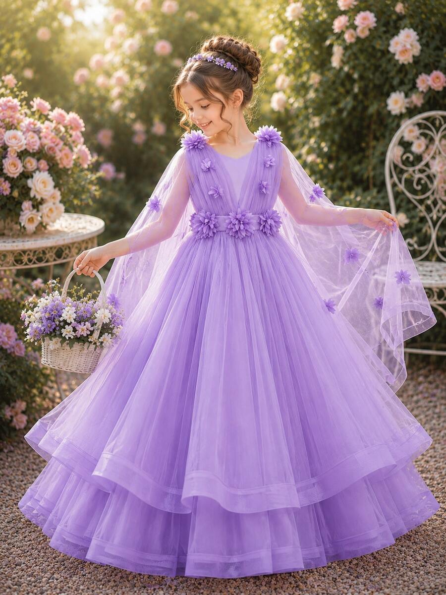 Young Girl Elegant Floral Flower Girl Wedding Dress Princess Tulle Long Gown, Suitable For Formal Occasions, Parties, Anniversaries
