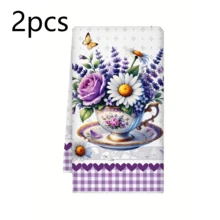 2 Packs Floral Kitchen Towels: Lavender & Butterfly Designs. Absorbent, Quick-Dry, Lint-Free Polyester Microfiber, Machine Washable. Perfect For Cleaning, Drying Dishes & Vintage Garden Decor. - Multicolor - View 13