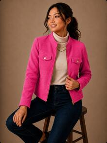 Women's Corduroy Jacket With Zipper, Elegant And Warm, Modern, Winter, Velvet, Holiday, School, Vacation, Daily, Office - 玫紅色 - 查看 2